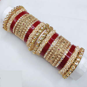 24K Gold Plated Steel Bridal <b>Bangles</b> <b>Set</b> with Kundan Stones and Pearls - Product Image 2