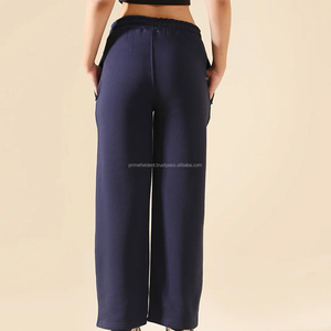 Pantalon large en molleton bleu marine pour femme, taille élastique, coupe ample, longueur intégrale, décontracté, pour l'automne, couleur unie, en maille - Product Image 5