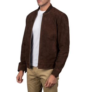 Men's Brown Suede Bomber Jacket Stand Collar Zipper Casual Autumn <b>Coat</b> - Product Image 2