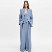 Ensemble tailleur pantalon et blazer 2 pièces sur mesure en mélange lin-coton bleu clair pour femme, coupe oversize, idéal pour le bureau et les occasions formelles