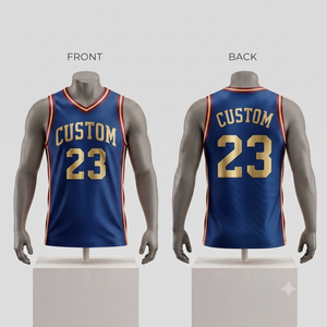 Custom Basketball Jersey Men's <b>Blue</b> Gold 23 V-Neck Sleeveless <b>Mesh</b> Breathable Team Apparel Adult Size Regular Sublimated Print - Product Image 1