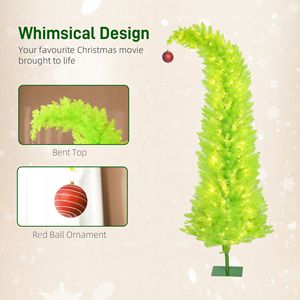 Albero di Natale Fantasioso con Cima Curva di 6 Piedi, Albero Natalizio a Forma di Matita con Palline Rosse, Base in Metallo, Preilluminato con 230 Luci LED - Product Image 5