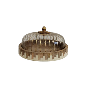 Round <b>Wooden</b> <b>Cake</b> Stand with Glass Dome | Wood Dessert Cheese Cloche <b>Board</b> Display Platter Server Tray Counter - Product Image 4