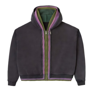 Sudadera con capucha para hombre con cremallera, diseño de paneles de dos colores, estilo moderno, ropa urbana, corte holgado, tela premium, estética minimalista. - Product Image 1