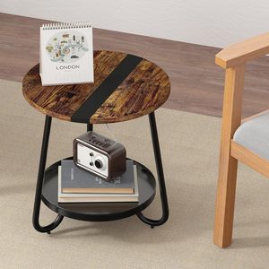 Table basse ronde à 2 niveaux, style industriel, avec plateau en métal, petite table basse en bois pour chambre à coucher, balcon, patio, salon - Product Image 5