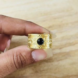 Premium <b>Silver</b> Eye Geometric Design Black Onyx <b>Ring</b> Gold Plated Vintage Style Wide Band Statement Tribal Look Certified <b>Ring</b> - Product Image 4