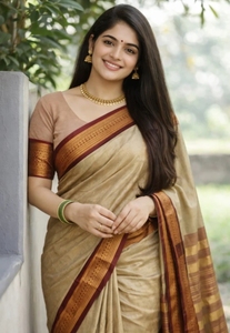 Sari traditionnel en coton et soie KV Maheshwari (beige) pour les occasions de fête - Réversible et infroissable - Product Image 1