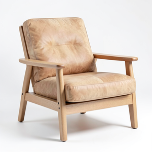 Fauteuil lounge en cuir de vachette véritable noir, structure en bois brun naturel, fauteuil moderne pour salon, meubles du milieu du siècle - Product Image 2