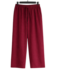 Ensemble deux pièces en lin rouge pour femme, chemise à manches longues boutonnée et pantalon large à taille élastique, tenue décontractée pour la détente - Product Image 5