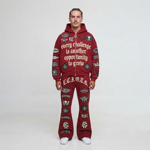 Chándal de hombre con capucha y cremallera, bordado, con cremallera completa, estampado de letras, estilo urbano, joggers de corte holgado, 100% algodón, chándal acampanado. - Product Image 1