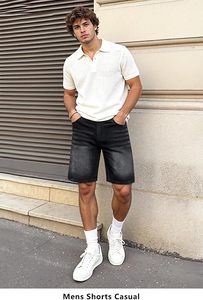 Shorts en jean noir pour homme, tricotés, imprimés, coupe droite, taille mi-haute, en coton délavé, décontractés, pour l'été, avec poches, respirants - Product Image 3