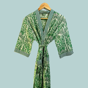 Kimono Hecho a Mano, Ropa de Dormir Elegante y Suave, Bata de Algodón Estampada a Mano, Kimono Largo para Mujer, Bata de Baño Estampada a Mano - Product Image 1