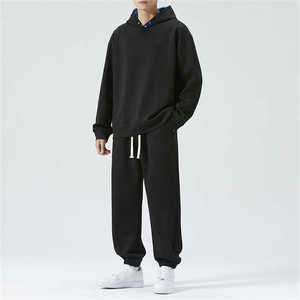 Men's Khaki Hooded Sweatshirt & Jogger Pants Set Casual Loose Fit Full Sleeve Solid Color Tracksuit with Drawstring - Product Image 4