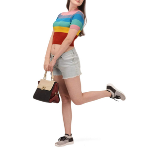 Women's <b>Rainbow</b> Stripe Knitted Breathable Polyester/Cotton Crop <b>Top</b> Short Sleeve O-Neck Casual Winter Regular Fit Color Blocked - Product Image 3