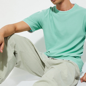 Men's Mint <b>Green</b> Short Sleeve Knitted <b>T</b>-<b>Shirt</b> O-Neck Solid Color Regular Fit Casual Wear Breathable 100% Cotton - Product Image 1