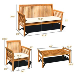Set di Mobili da Esterno in Legno di Acacia a 4 Pezzi, Divano Bianco con Cuscini per Balcone o Giardino - Product Image 6