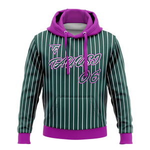 เสื้อฮู้ดดี้ผู้ชายลายทางสีเขียวพิมพ์ลายตามสั่งขายส่ง พร้อมเชือกผูกสีม่วง กระเป๋าจิงโจ้ เสื้อสวมหัวลำลอง สไตล์สปอร์ต ผ้าเทอร์รี่ - Product Image 1
