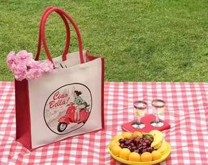 Heavy Duty Jute Picnic Tote <b>Bag</b> with Cotton Handles Reusable Carry <b>Bag</b> - Product Image 1