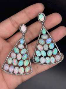 Ethiopian Opal Diamond Earring Pave Diamond Earrings 925 Sterling Silver Handmade <b>Oxidized</b> Dongle Diamond Earring Gift For Her - Product Image 1
