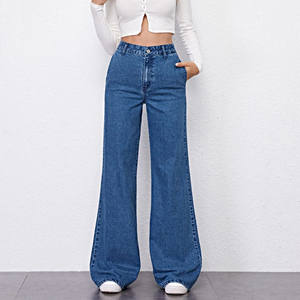 Pantalones Vaqueros de Mujer de Cintura Alta y Pierna Ancha, Color Azul Sólido, Corte Holgado Informal, Lavado a la Piedra, Estilo Otoñal - Product Image 1