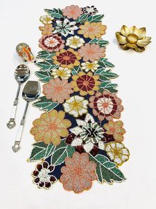 Embroidered Floral <b>Table</b> <b>Runner</b> Bohemian Home Decor Washable Red Pink Sequin Pattern - Product Image 4