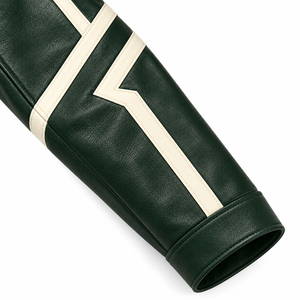 Chaqueta Bomber de Cuero Genuino Verde para Hombre, Diseño Geométrico con Bloques de Color, Cuello Camisero, Cierre de Cremallera, Estilo Urbano Ecológico - Product Image 5