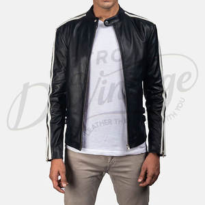 Chaqueta de Cuero Genuino para Hombre, Estilo Motero, Color Negro, con Rayas Blancas en las Mangas, Corte Ajustado, Estilo Racing, Ropa de Invierno - Product Image 6