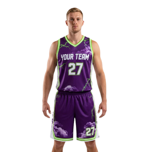 Conjunto de Camiseta y Pantalones Cortos de Baloncesto para Hombre, Cuello en V, Sin Mangas, Estampado de Nubes y Rayos, Borde Lateral en Contraste, Nombre y Número del Equipo Personalizados - Product Image 1