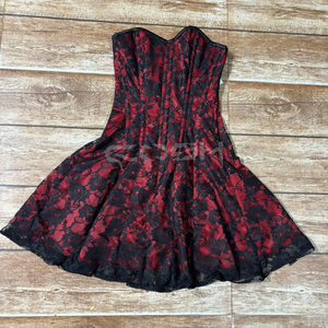 Mini-robe corset en satin rouge et dentelle noire pour femme |   Robe de soirée gothique évasée sans bretelles à col cœur - Product Image 2