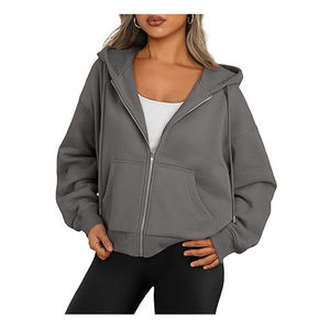 Sweat-shirt à capuche surdimensionné pour femme, fermeture éclair, couleur unie, coton, bambou, tricoté, manches longues, longueur courte, vêtements décontractés d'automne - Product Image 5