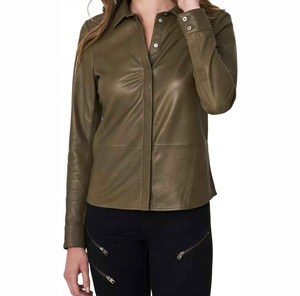 Drop <b>Shoulder</b> Chest Pocket Genuine Leather Shirts Ladies Collar Button Oversize Vintage <b>Long</b> Women's Letterman Shirt - Product Image 3