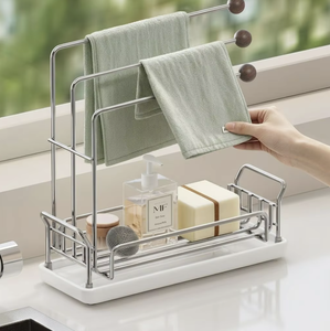 304 Stainless Steel Dishcloth Drainage Rack Multifunction <b>Kitchen</b> Countertop Holder with Wheels - Product Image 2