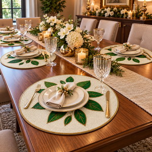 Set de table rond en verre à motif de feuilles vertes, perlé, fait main, avec bordure dorée, pour décoration de table, maison, mariage, fête |   Style élégant - Product Image 4