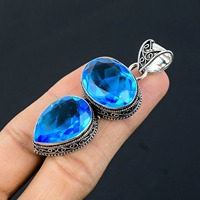 Pendentif en topaze bleue, fait main, en argent sterling, ovale, pierre précieuse en forme de poire, bijoux bohèmes