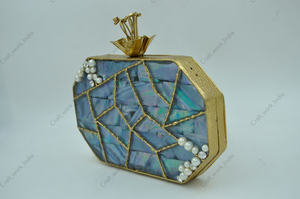 Handcrafted Blue Mother Of <b>Pearl</b> Mosaic <b>Clutch</b> With Gold Metal Frame Luxury Evening Party Wedding <b>clutch</b> handbag for women - Product Image 4