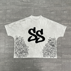 Camiseta Blanca Extra Grande de Algodón para Hombre con Logotipo SS Negro y Estampado de Dibujos Animados, Estilo Urbano, Manga Corta, Cuello Redondo, Corte Jersey - Product Image 2