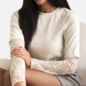 T-shirt à manches longues et col rond pour femme avec manches en dentelle, couleur unie, haut décontracté, vêtement d'automne, tissu tricoté respirant - Product Image 4