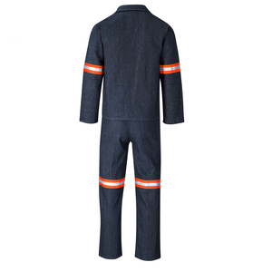 Men's Cotton Work Coverall Reflective Safety Uniform Dark Blue Long Sleeve with Orange Stripes for Construction and Industrial - Product Image 3