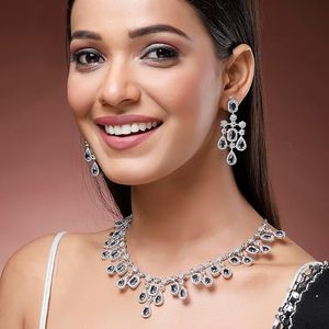 Parure de bijoux en zircon plaqué argent, collier et boucles d'oreilles, ensemble classique pour femme, forme goutte d'eau, coupe poire, bijoux de mariage en alliage, tendance - Product Image 5