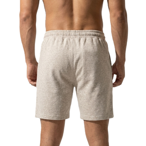 Shorts pour hommes en mélange coton-polyester beige, taille à cordon de serrage, couleur unie, tissu tricoté respirant, poches, taille mi-haute - Product Image 4