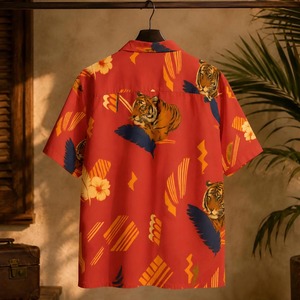 Red Tiger And Parrot Printed Short Sleeve Hawaiian Shirt For Men Summer Vacation Wear Breathable Poplin Fabric Turn-<b>down</b> Collar - Product Image 5