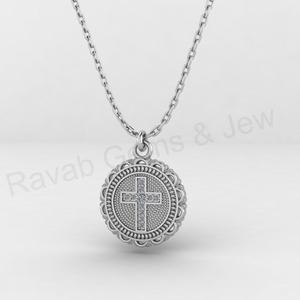 Pendentif religieux chrétien de luxe géométrique rond de 18 mm en argent 925 plaqué or 14 carats avec croix pavée de CZ, bijoux fins pour hommes - Product Image 5