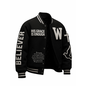 เสื้อแจ็คเก็ตวาร์ซิตี้แบบมีฮู้ดสำหรับผู้ชาย รุ่น Believer His Grace Is Enough กันน้ำ เป็นมิตรกับสิ่งแวดล้อม สีดำ ทำจากผ้าขนสัตว์  แบบ Letterman  สำหรับเบสบอล  ตกแต่งด้านหน้าด้วยตัวอักษรแบบกำหนดเอง - Product Image 3