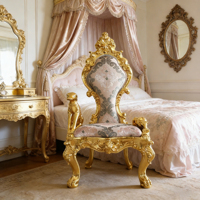 Chaise Trône Baroque de Luxe Dorée avec Accoudoir Sculpté en Forme de Chien, Tissu Haut de Gamme, Rembourrée, Durable, Écologique, pour Mariage et Repas en Extérieur