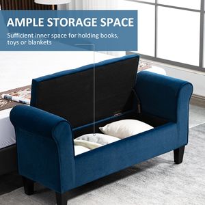 Panca contenitore imbottita in velluto blu con braccioli arrotolati e capitonné, ideale per casa, ufficio, ingresso, appartamento, ospedale - Product Image 5