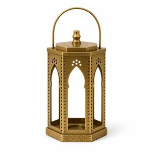 Lanterne en métal pour le Ramadan, petite lanterne en aluminium perforé Fanoos 20 cm, lanterne pour bougie tealight, laiton antique, décoration pour l'Aïd - Product Image 1