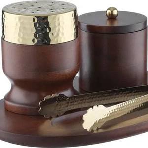 Modern Wood and Metal Incense Burner Bulk Luxury Mango Wood Bakhoor Censer with <b>Hammered</b> Gold Finish <b>Frame</b> and Metal Liner - Product Image 1