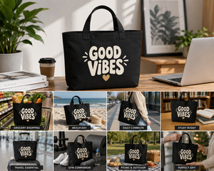 Good Vibes <b>Foldable</b> Canvas Tote <b>Bag</b> with Heart Design Black for <b>Travel</b> & Shopping - Product Image 5