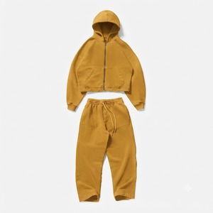Acid Washed Oversized <b>Zip</b>-<b>Up</b> Hoodie Tracksuit Set Lightweight Fleece Vintage Spring Streetwear Unisex Sweat Suit Wholesale - Product Image 5