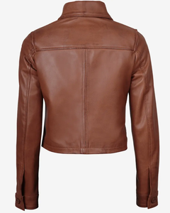 Women's Genuine Leather Trucker <b>Jacket</b> <b>Short</b> Crop Turn-Down Collar Full Sleeve Button Closure Solid Black - Product Image 5
